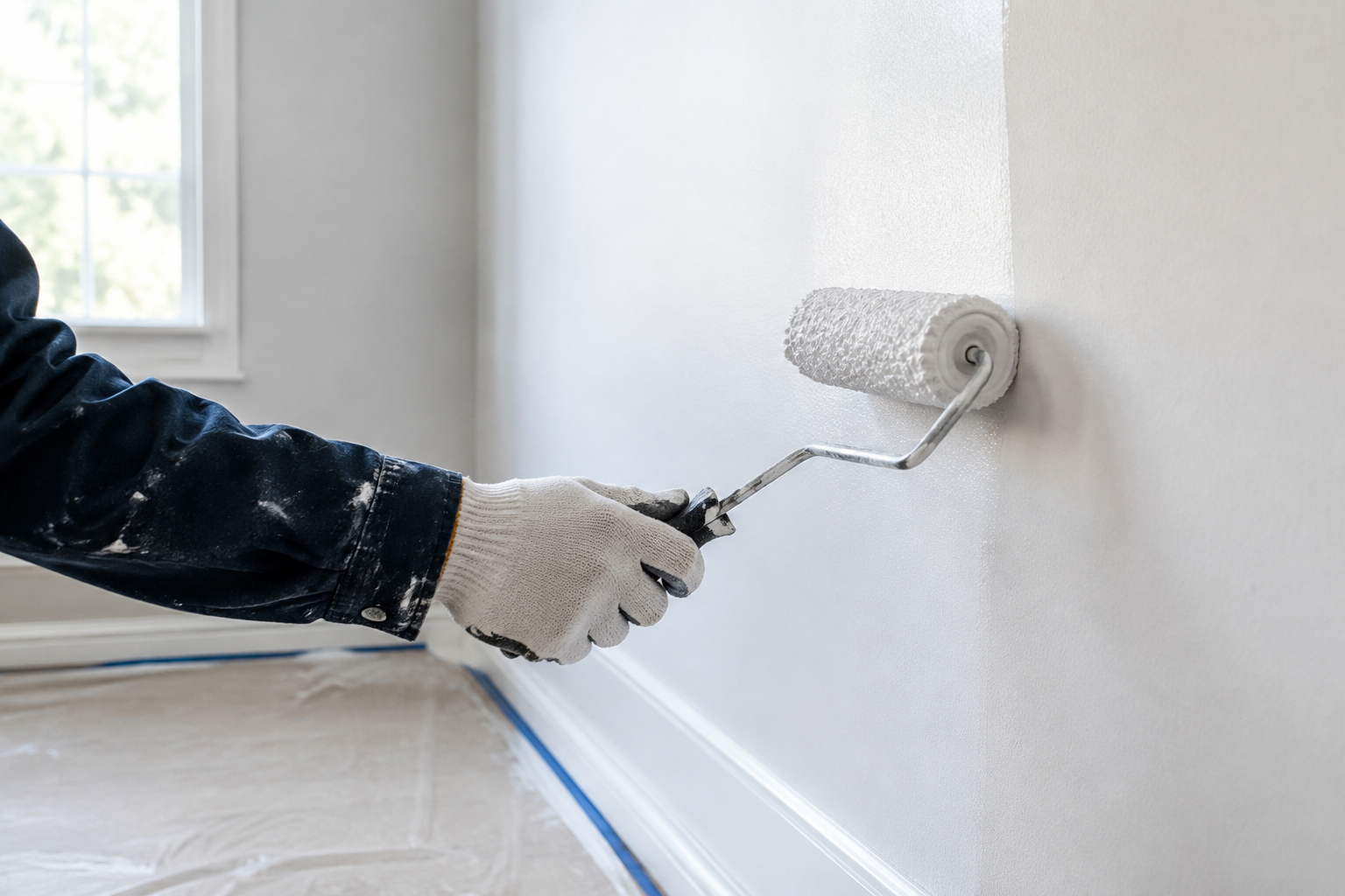 Illustrative scene of a roller applying white paint to an interior wall